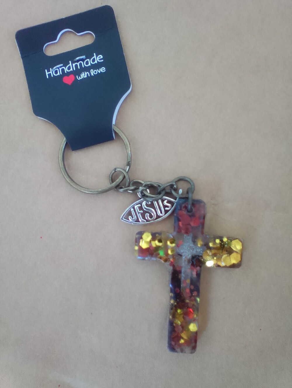 Handmade Jesus Cross Keychain with Gold & Red Glitter